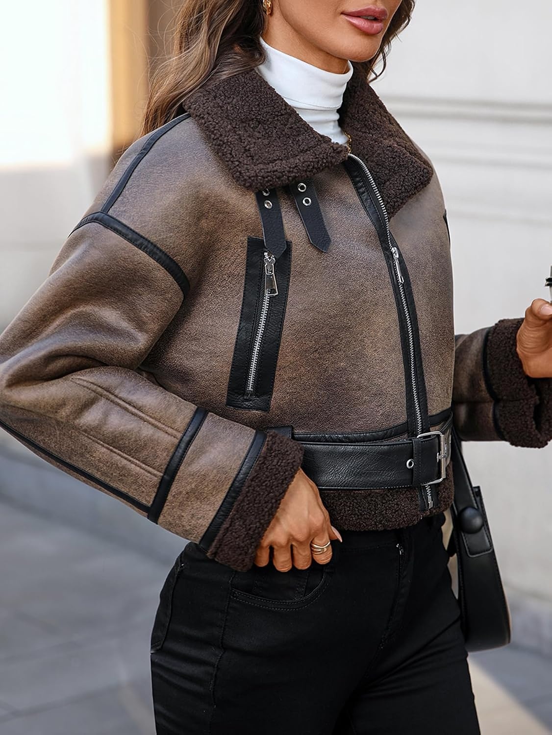 image:imageLY VAREY LIN Winter Women Faux Lamb Fur Leather Short Jacket Lapel Zipper Bomber Aviator CoatCoffee