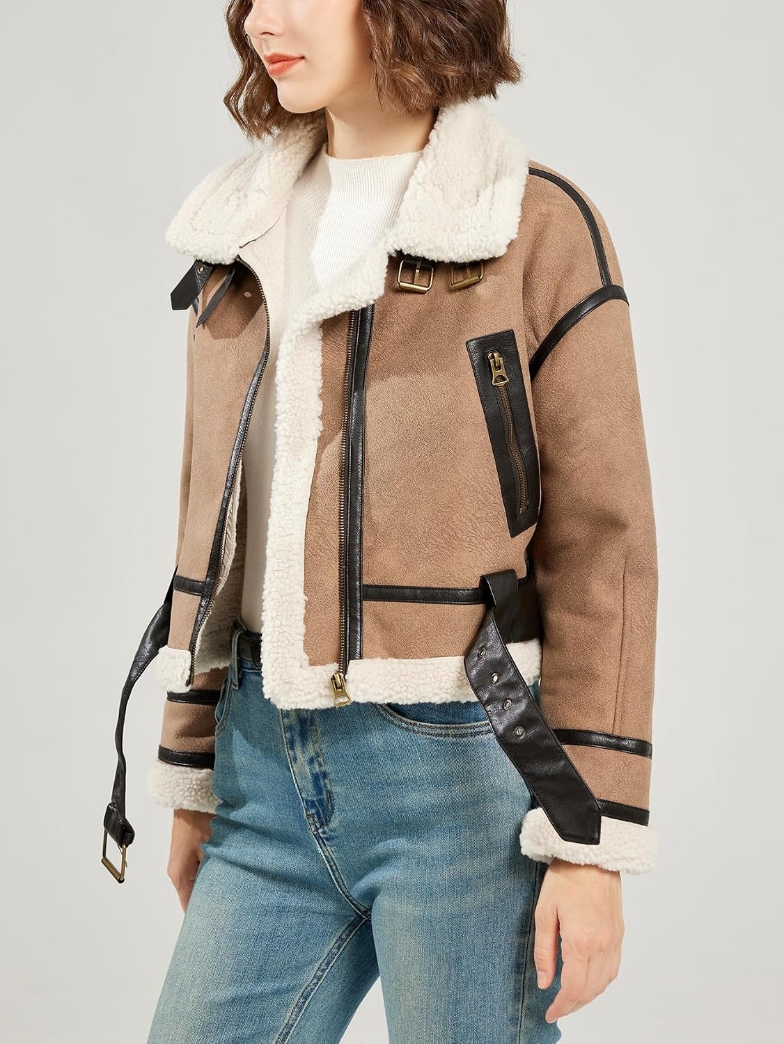 image:imageLY VAREY LIN Winter Women Faux Lamb Fur Leather Short Jacket Lapel Zipper Bomber Aviator CoatKhaki