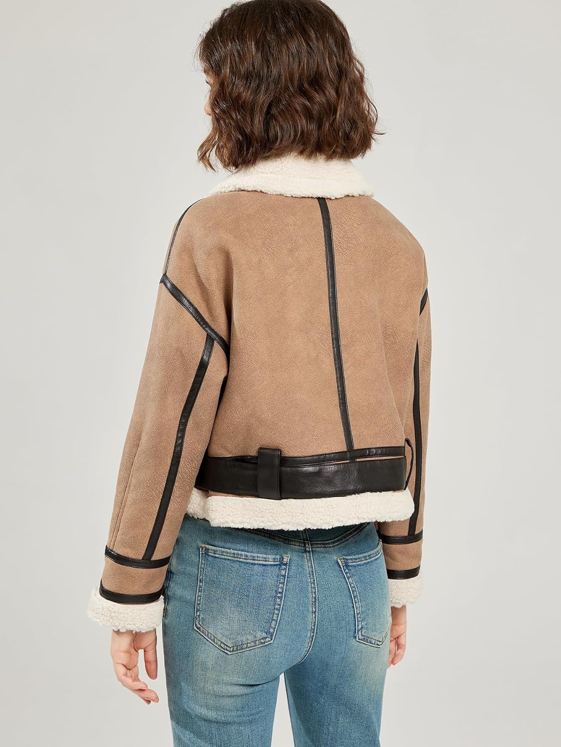 image:imageLY VAREY LIN Winter Women Faux Lamb Fur Leather Short Jacket Lapel Zipper Bomber Aviator CoatKhaki