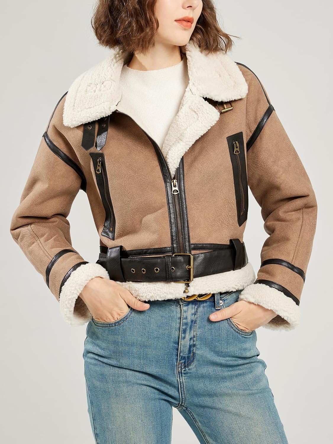 image:imageLY VAREY LIN Winter Women Faux Lamb Fur Leather Short Jacket Lapel Zipper Bomber Aviator CoatKhaki