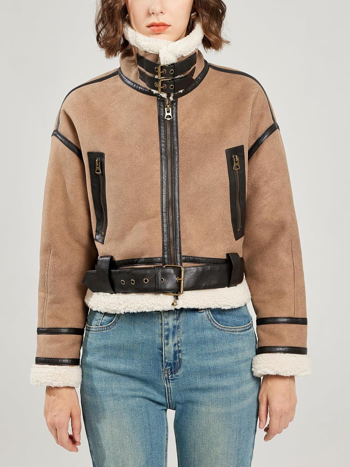 image:imageLY VAREY LIN Winter Women Faux Lamb Fur Leather Short Jacket Lapel Zipper Bomber Aviator CoatKhaki