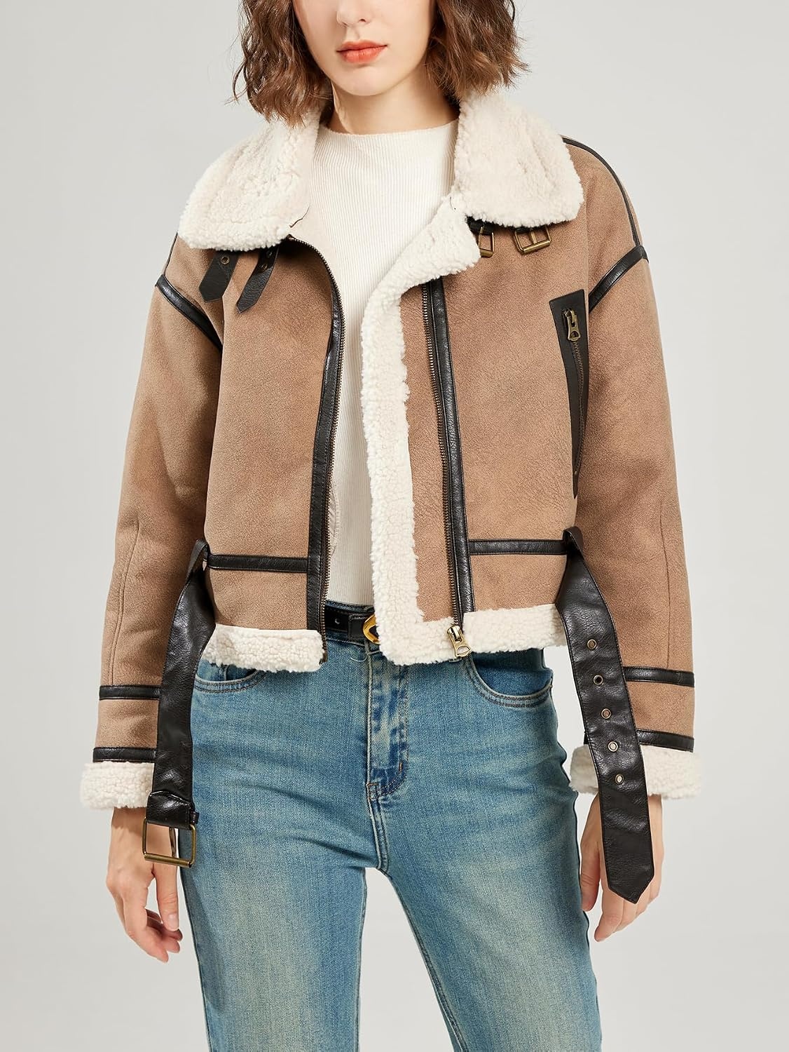 image:imageLY VAREY LIN Winter Women Faux Lamb Fur Leather Short Jacket Lapel Zipper Bomber Aviator CoatKhaki