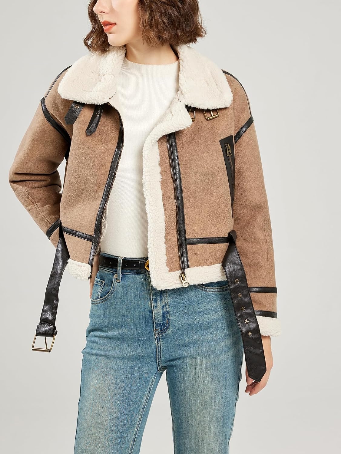 image:imageLY VAREY LIN Winter Women Faux Lamb Fur Leather Short Jacket Lapel Zipper Bomber Aviator CoatKhaki