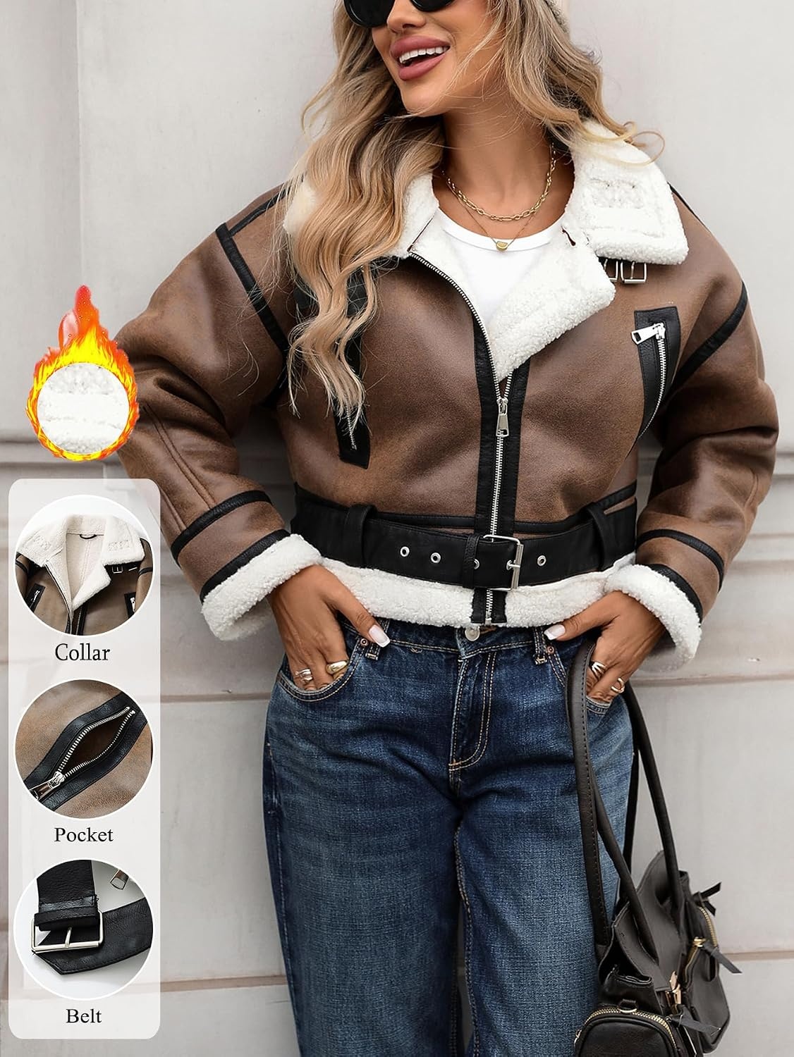 image:imageLY VAREY LIN Winter Women Faux Lamb Fur Leather Short Jacket Lapel Zipper Bomber Aviator CoatKhaki White