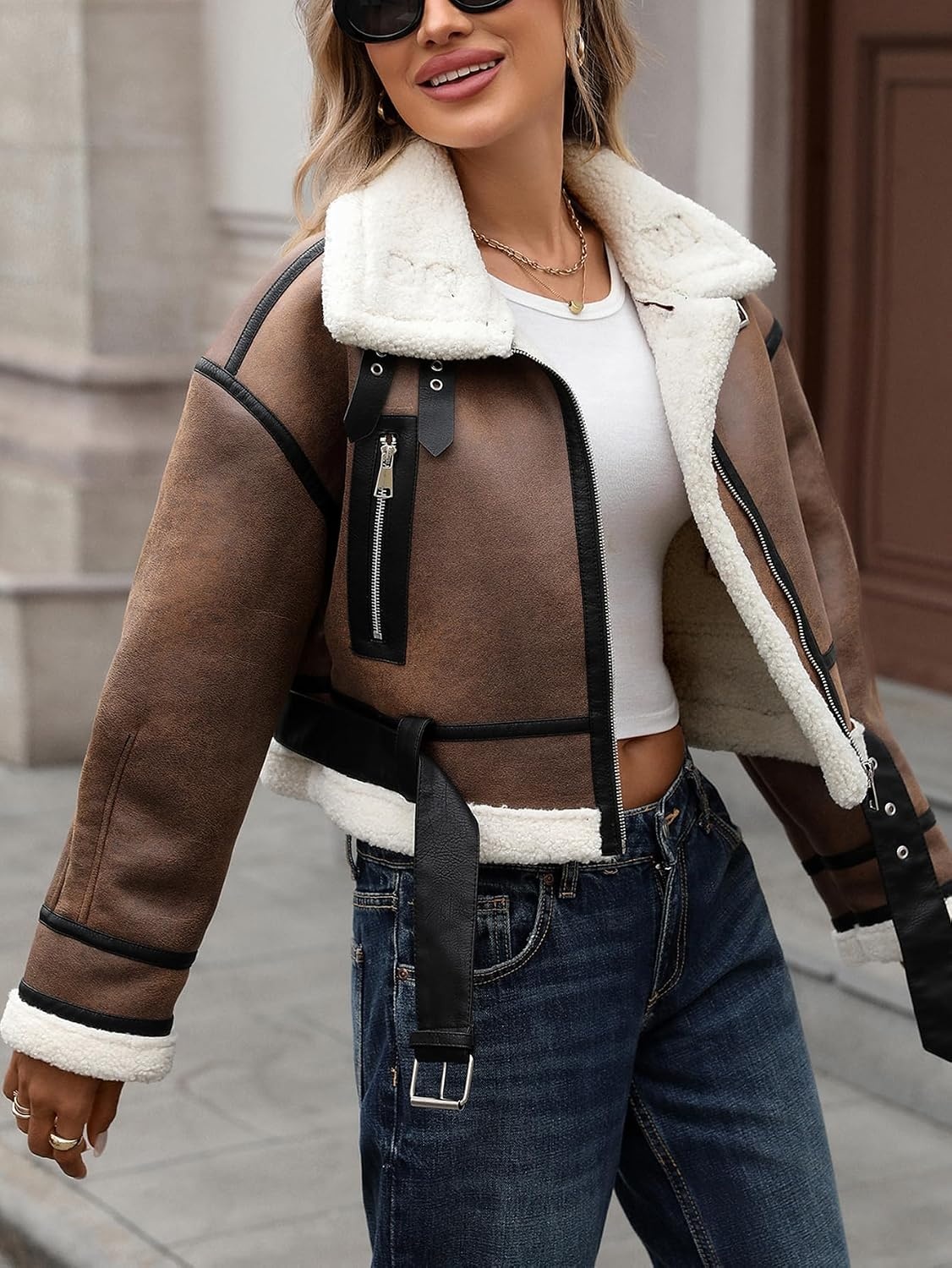image:imageLY VAREY LIN Winter Women Faux Lamb Fur Leather Short Jacket Lapel Zipper Bomber Aviator CoatKhaki White
