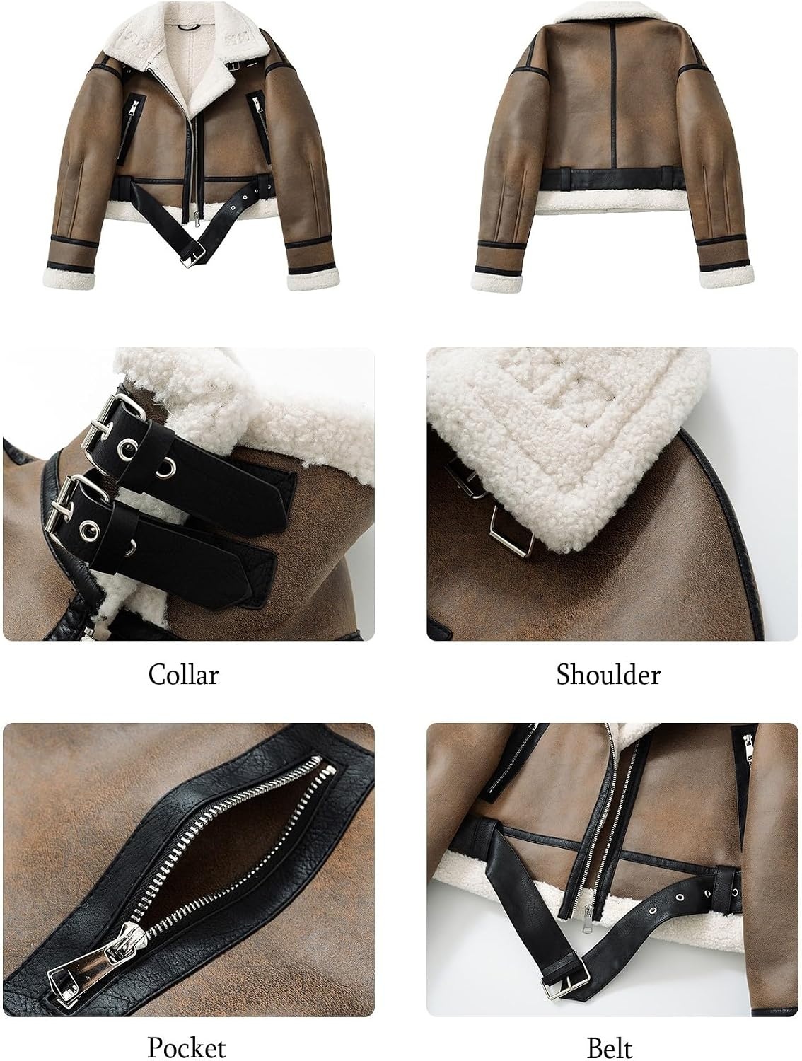 image:imageLY VAREY LIN Winter Women Faux Lamb Fur Leather Short Jacket Lapel Zipper Bomber Aviator CoatKhaki White