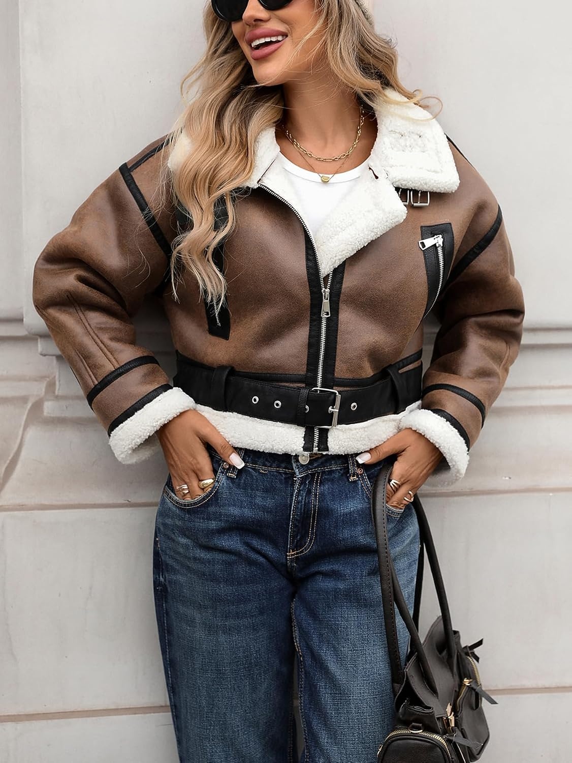 image:imageLY VAREY LIN Winter Women Faux Lamb Fur Leather Short Jacket Lapel Zipper Bomber Aviator CoatKhaki White