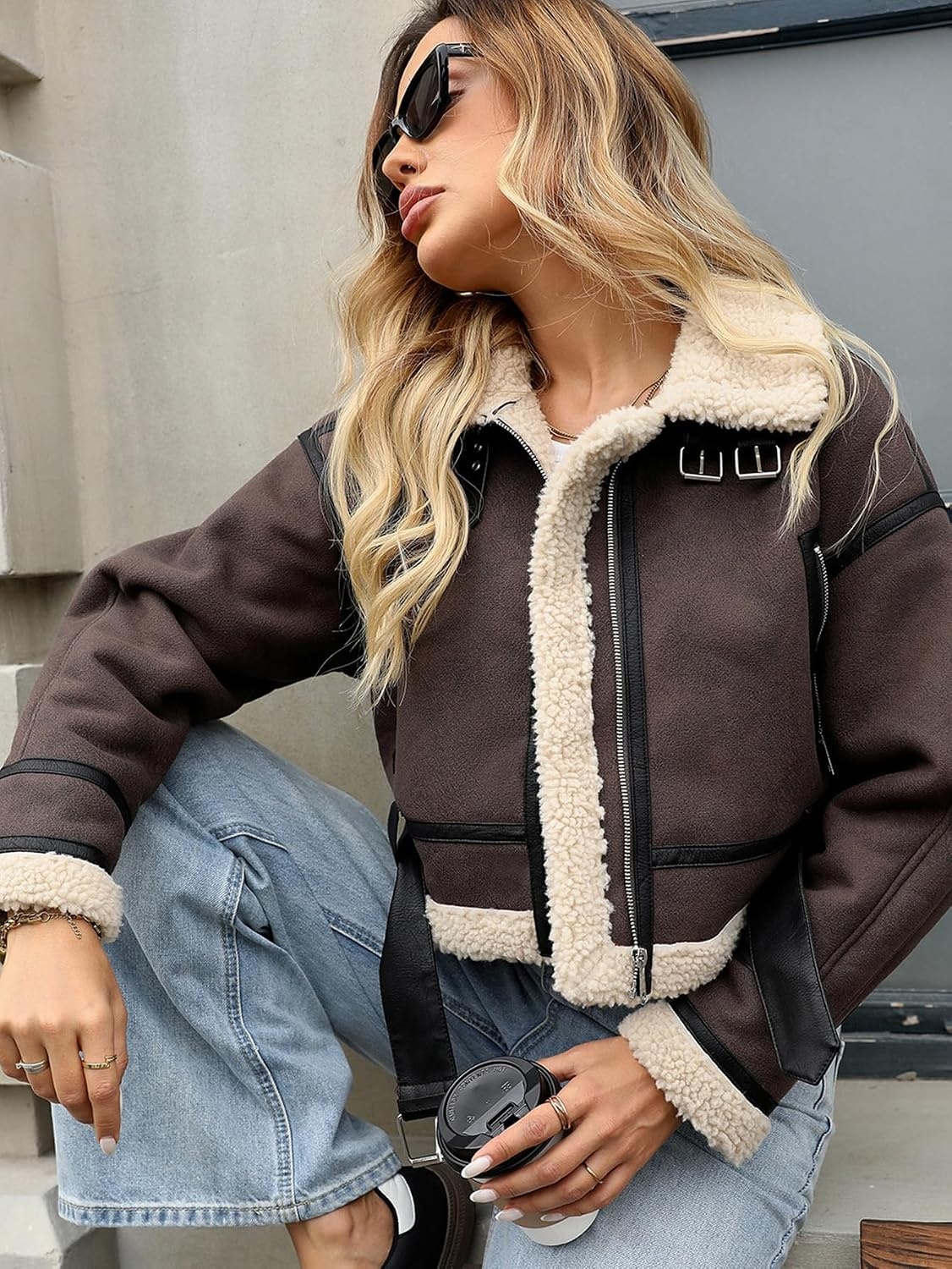image:imageLY VAREY LIN Winter Women Faux Lamb Fur Leather Short Jacket Lapel Zipper Bomber Aviator CoatMaroon