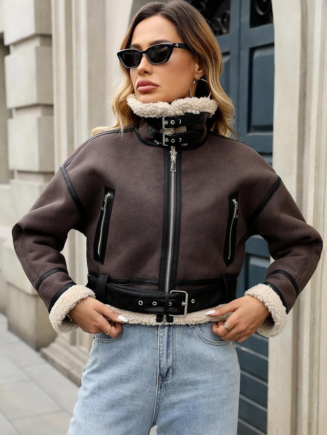 image:imageLY VAREY LIN Winter Women Faux Lamb Fur Leather Short Jacket Lapel Zipper Bomber Aviator CoatMaroon