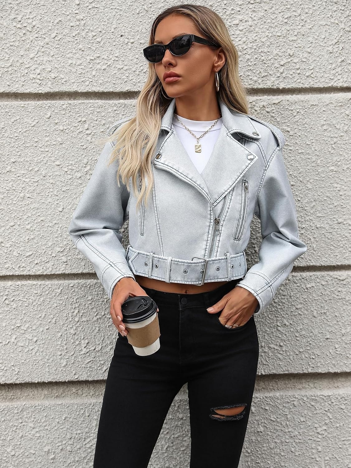 image:imageLY VAREY LIN Women Faux Leather Cropped Jacket Lapel Zipper Biker Short Coat with Belt2371blue