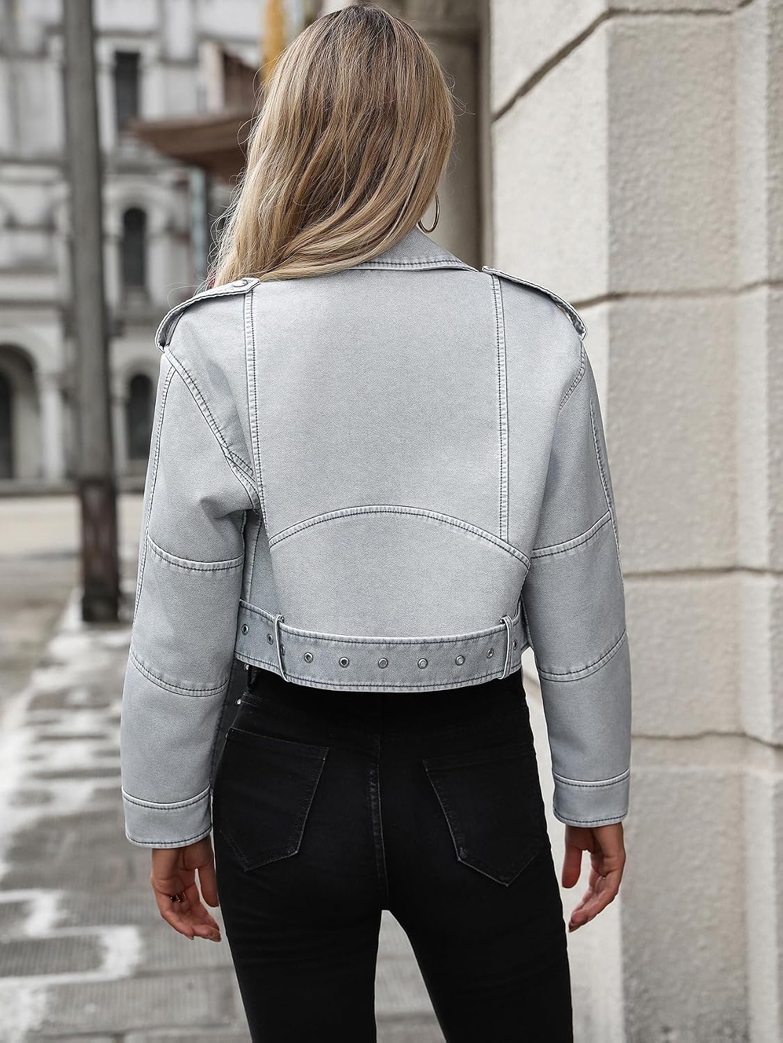 image:imageLY VAREY LIN Women Faux Leather Cropped Jacket Lapel Zipper Biker Short Coat with Belt2371blue