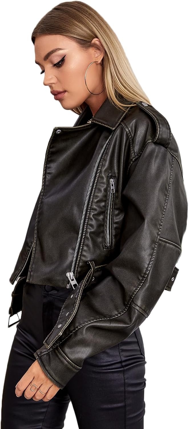 image:imageLY VAREY LIN Women Faux Leather Cropped Jacket Lapel Zipper Biker Short Coat with Belt2371dark Green