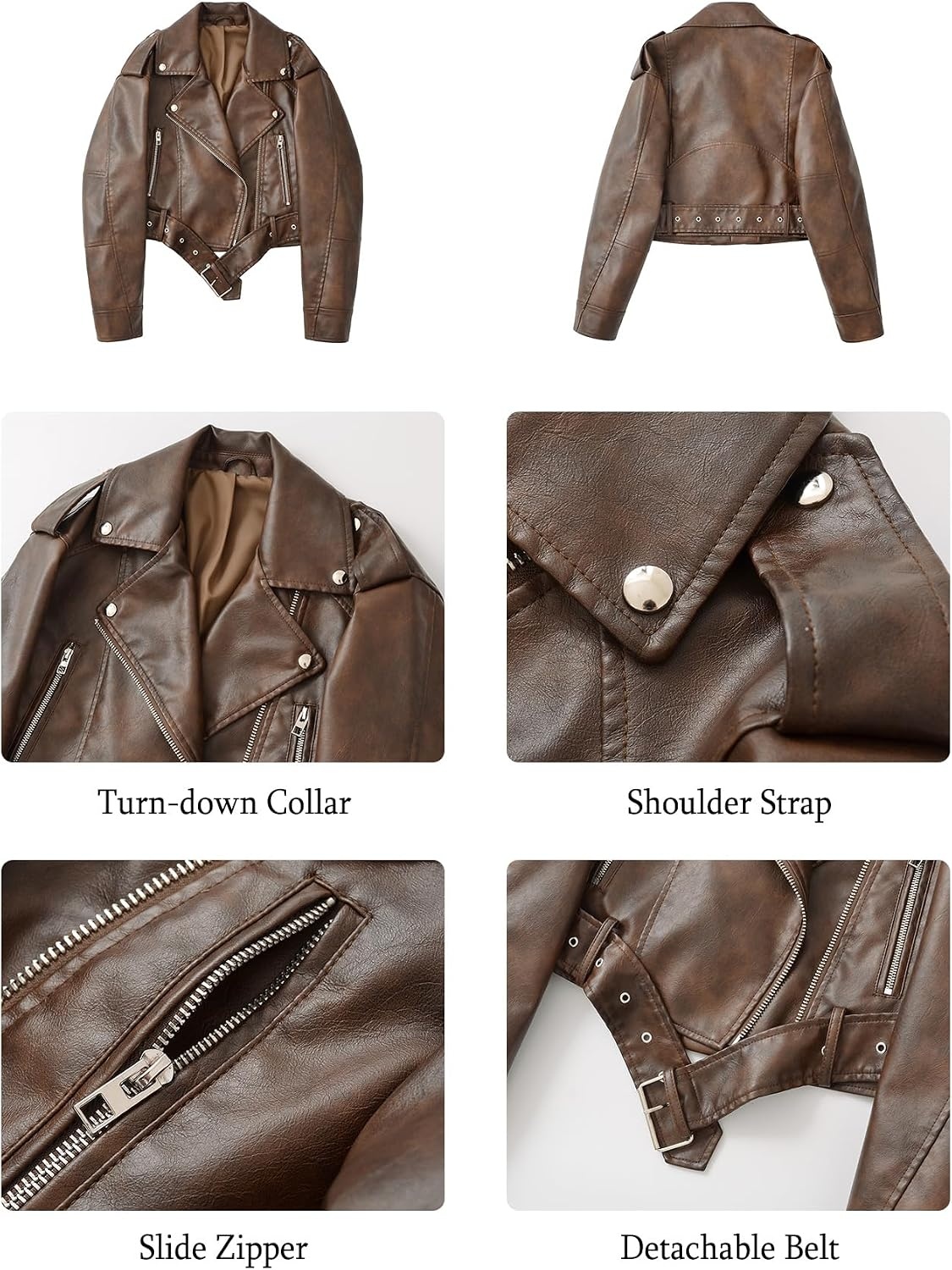 image:imageLY VAREY LIN Women Faux Leather Cropped Jacket Lapel Zipper Biker Short Coat with Belt2371rust Brown