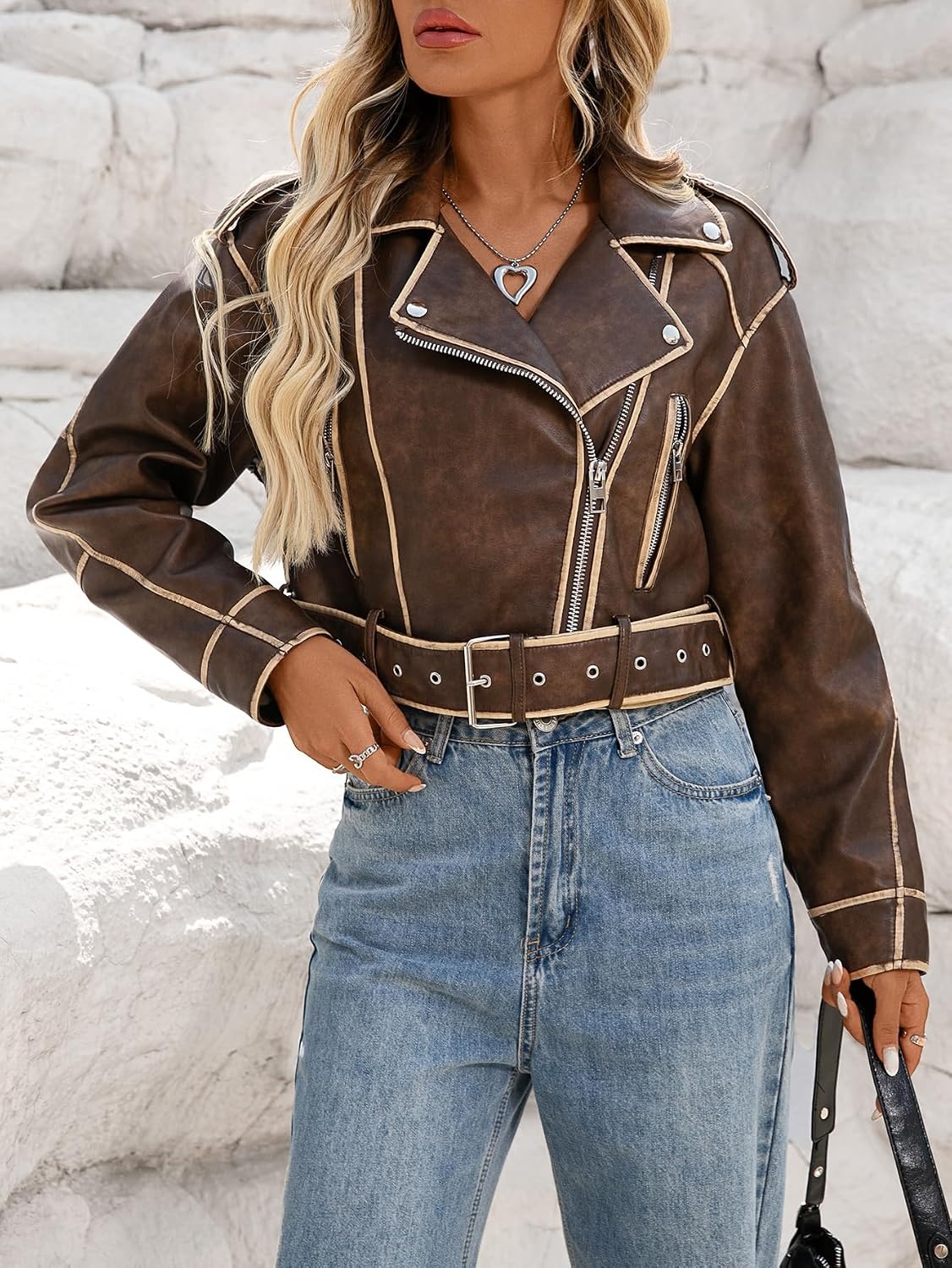 image:imageLY VAREY LIN Women Faux Leather Cropped Jacket Lapel Zipper Biker Short Coat with BeltDark Brown