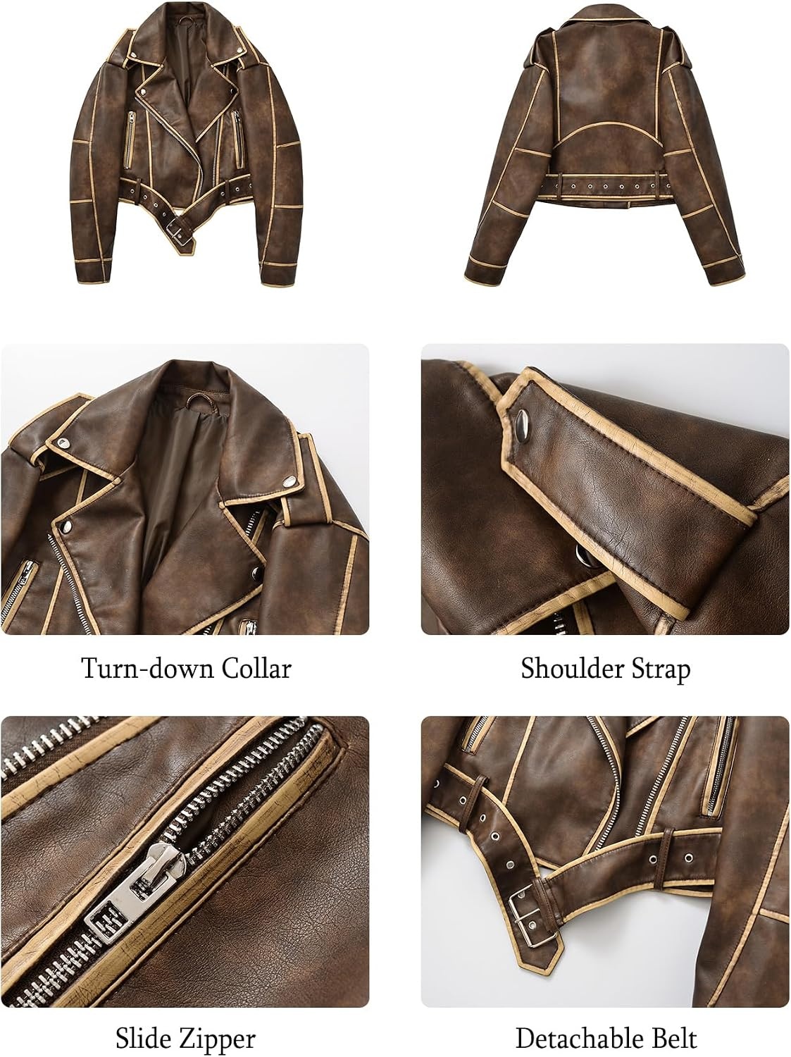 image:imageLY VAREY LIN Women Faux Leather Cropped Jacket Lapel Zipper Biker Short Coat with BeltDark Brown