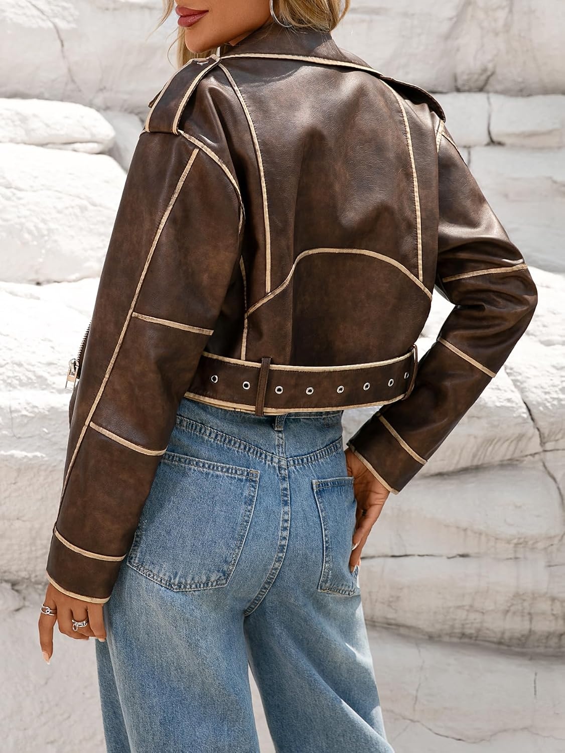 image:imageLY VAREY LIN Women Faux Leather Cropped Jacket Lapel Zipper Biker Short Coat with BeltDark Brown