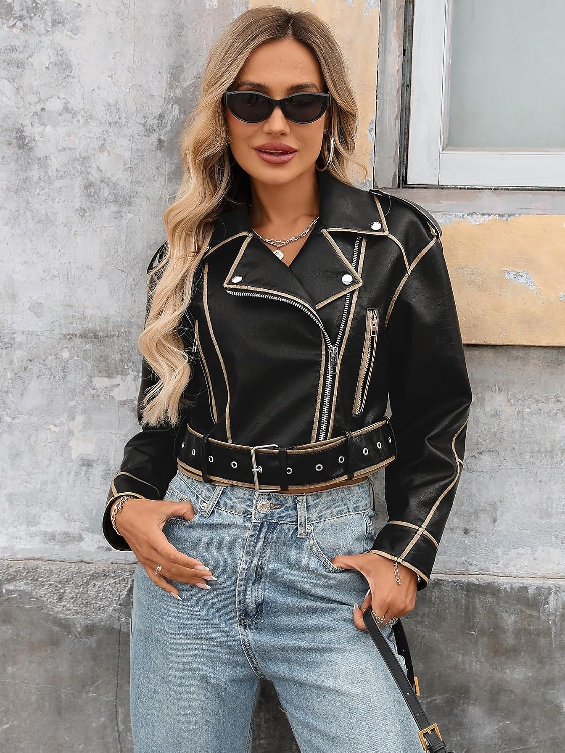 image:imageLY VAREY LIN Women Faux Leather Cropped Jacket Lapel Zipper Biker Short Coat with BeltDeep Black