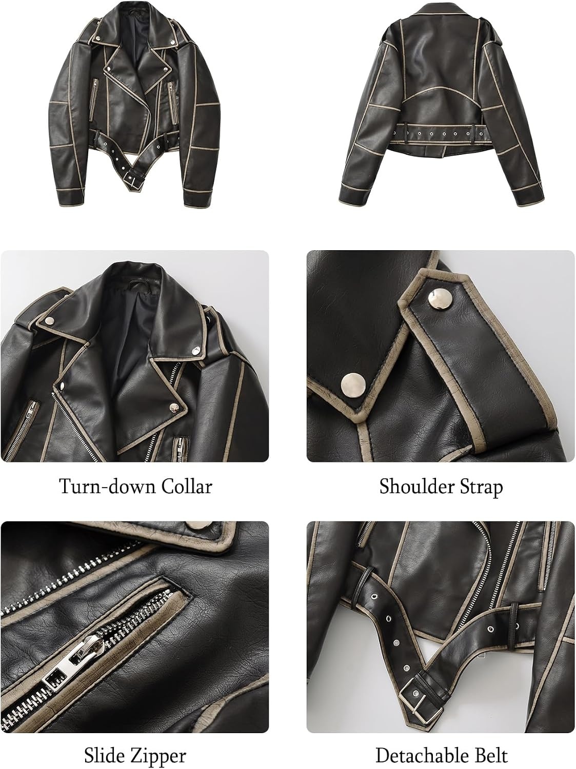 image:imageLY VAREY LIN Women Faux Leather Cropped Jacket Lapel Zipper Biker Short Coat with BeltDeep Black
