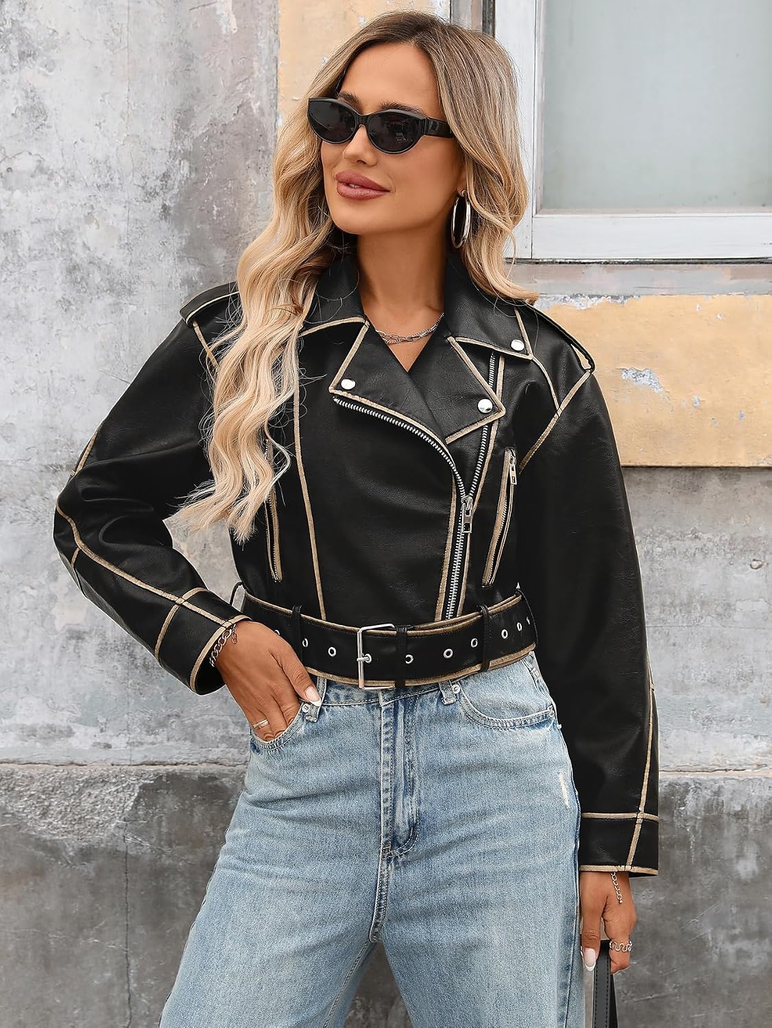 image:imageLY VAREY LIN Women Faux Leather Cropped Jacket Lapel Zipper Biker Short Coat with BeltDeep Black