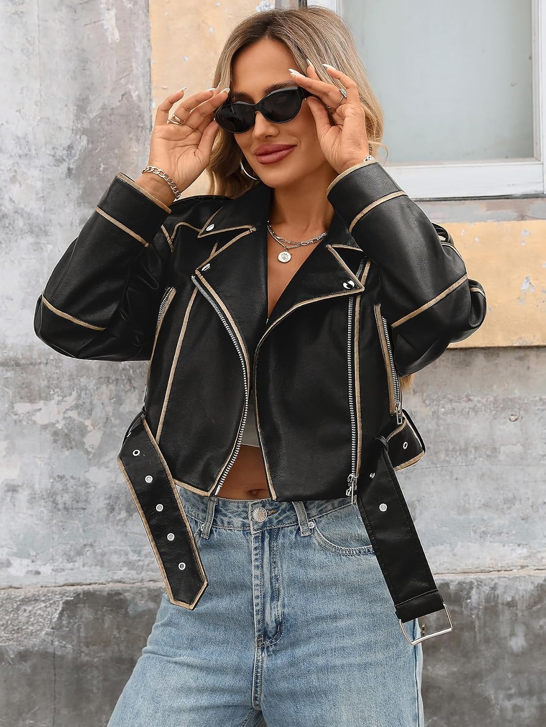 image:imageLY VAREY LIN Women Faux Leather Cropped Jacket Lapel Zipper Biker Short Coat with BeltDeep Black
