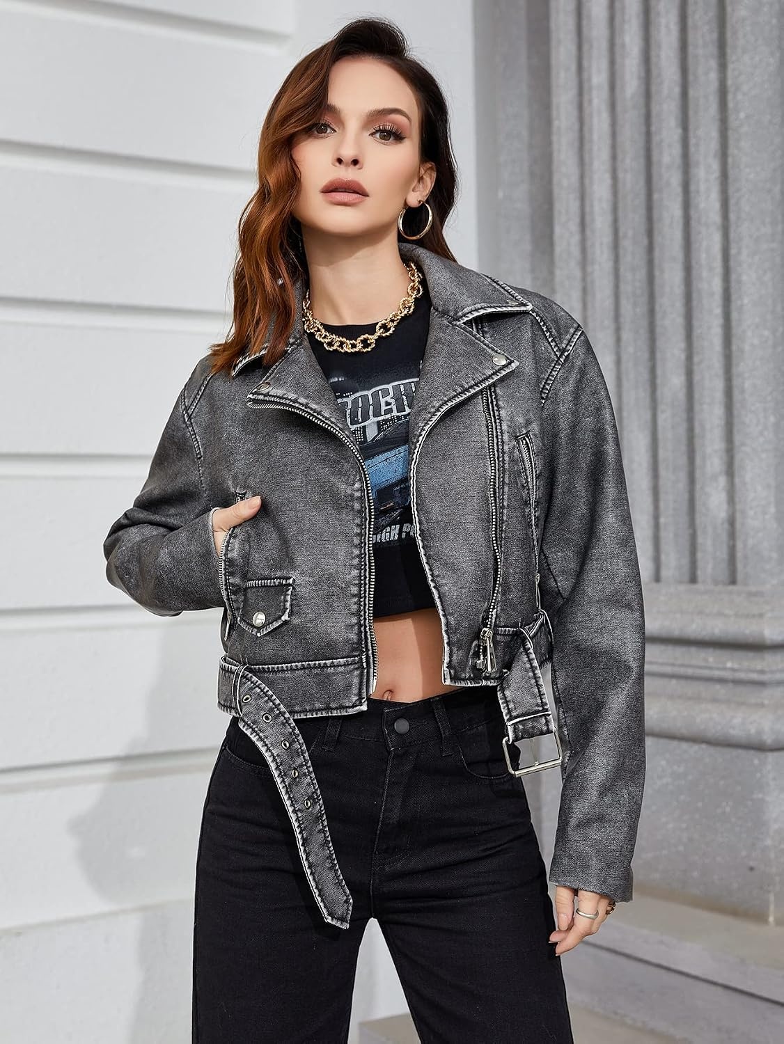 image:imageLY VAREY LIN Women Faux Leather Cropped Jacket Lapel Zipper Biker Short Coat with BeltL2311black