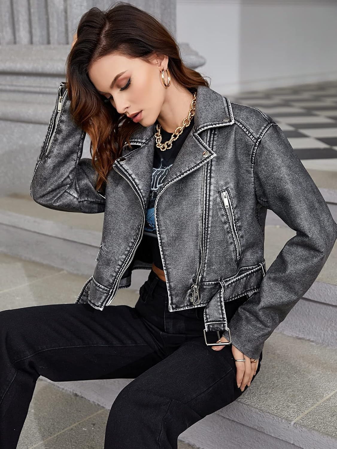 image:imageLY VAREY LIN Women Faux Leather Cropped Jacket Lapel Zipper Biker Short Coat with BeltL2311black