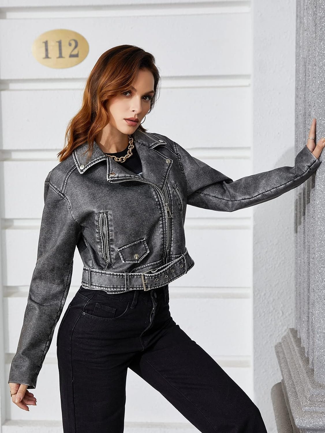 image:imageLY VAREY LIN Women Faux Leather Cropped Jacket Lapel Zipper Biker Short Coat with BeltL2311black