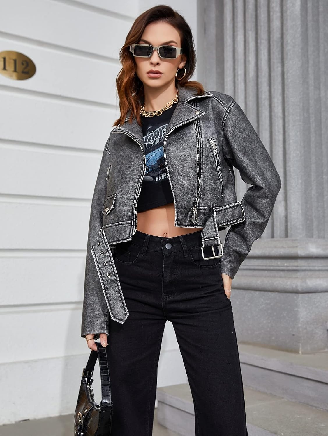 image:imageLY VAREY LIN Women Faux Leather Cropped Jacket Lapel Zipper Biker Short Coat with BeltL2311black