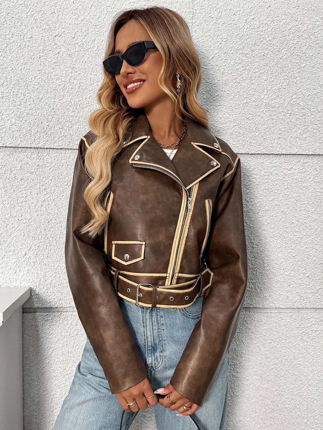 image:imageLY VAREY LIN Women Faux Leather Cropped Jacket Lapel Zipper Biker Short Coat with BeltL2311dark Brown