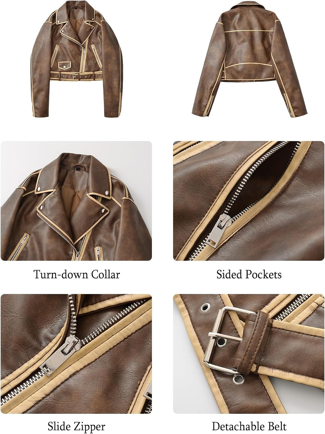image:imageLY VAREY LIN Women Faux Leather Cropped Jacket Lapel Zipper Biker Short Coat with BeltL2311dark Brown