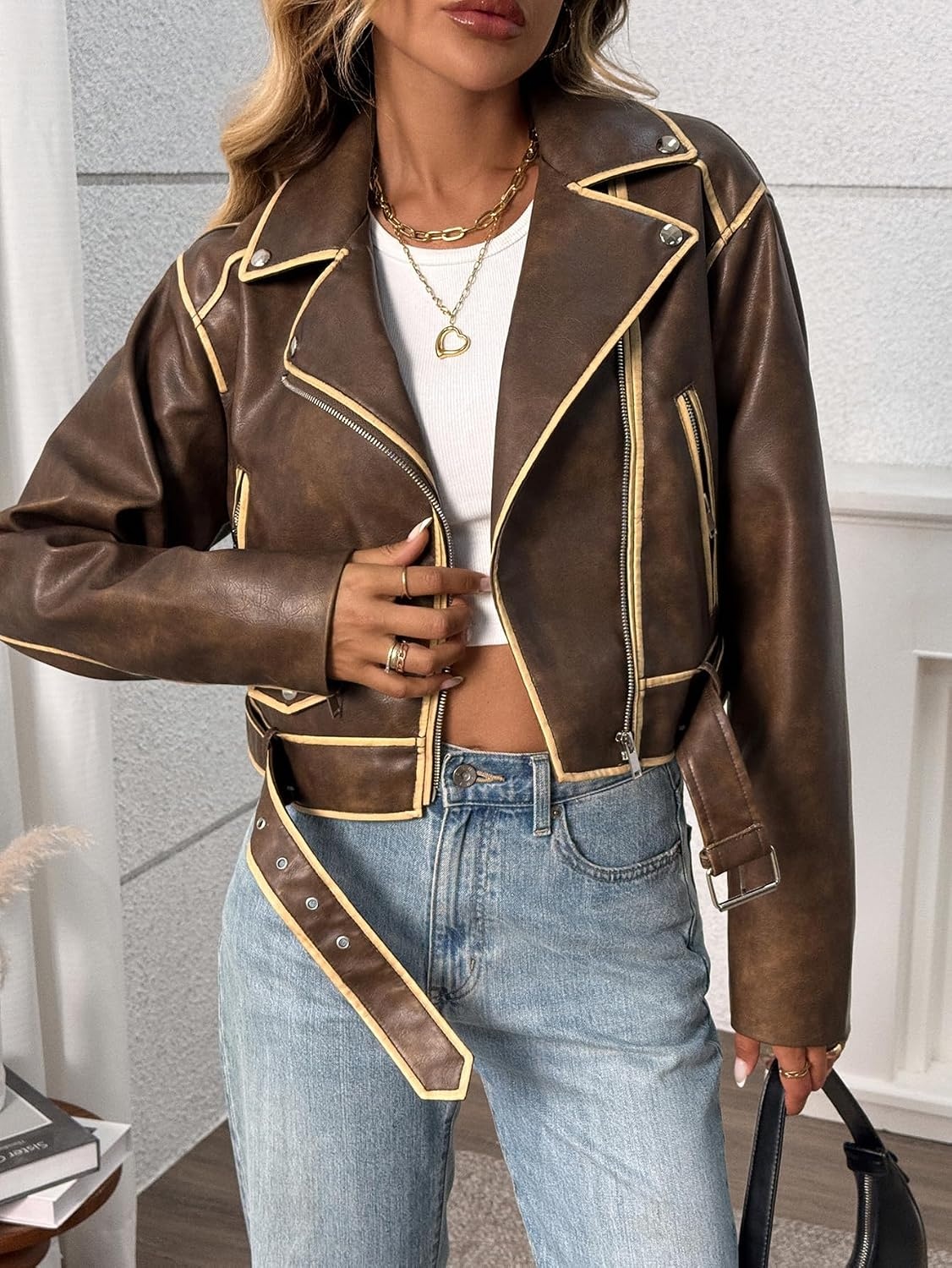 image:imageLY VAREY LIN Women Faux Leather Cropped Jacket Lapel Zipper Biker Short Coat with BeltL2311dark Brown