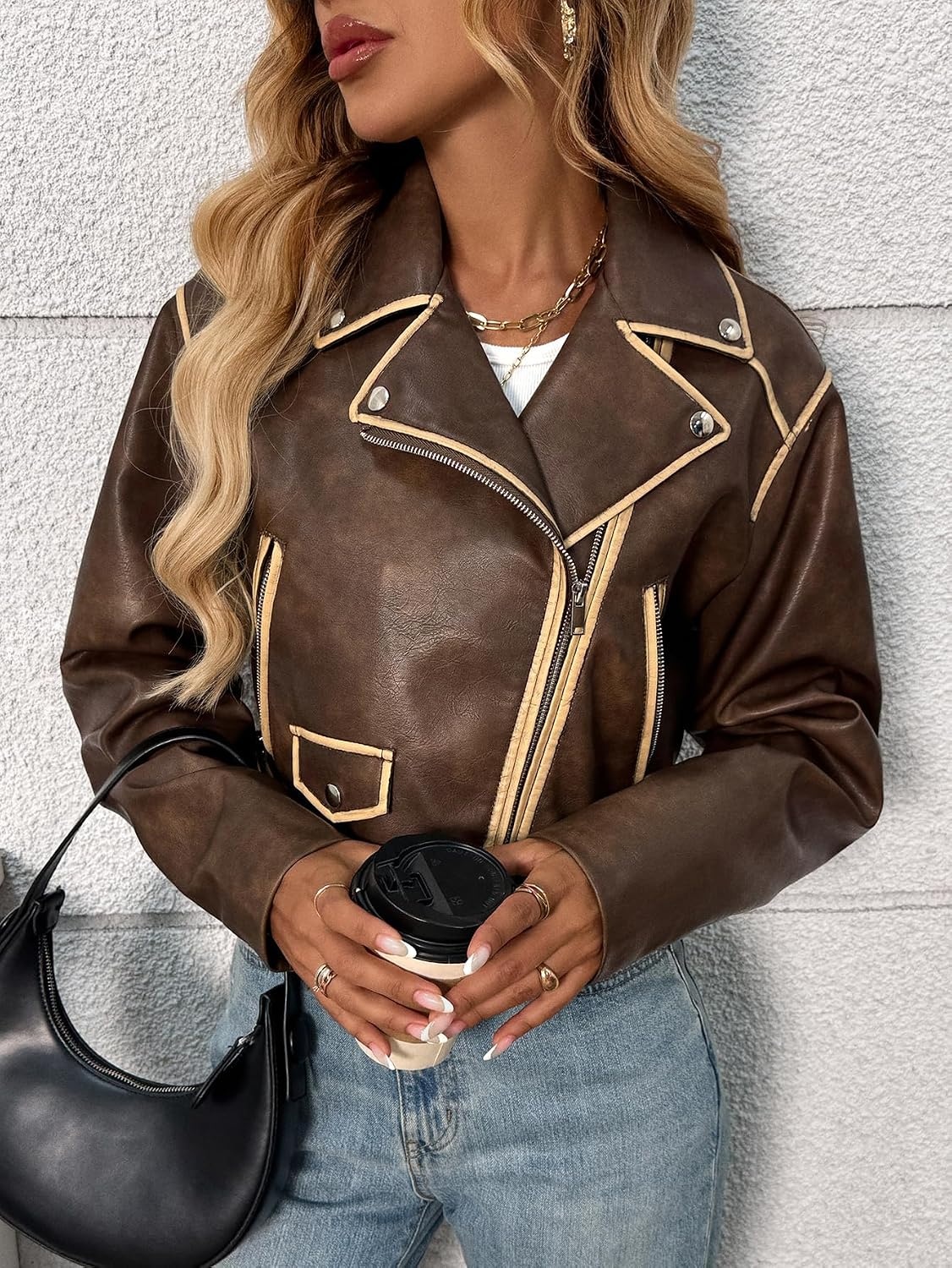 image:imageLY VAREY LIN Women Faux Leather Cropped Jacket Lapel Zipper Biker Short Coat with BeltL2311dark Brown