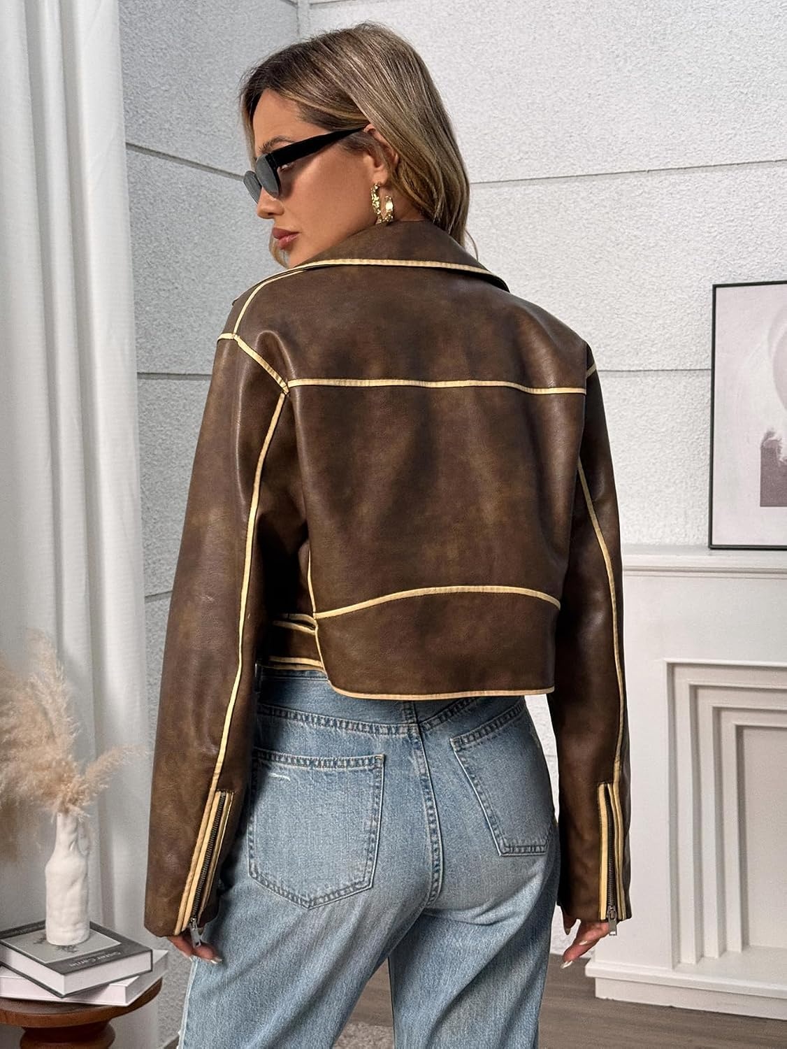 image:imageLY VAREY LIN Women Faux Leather Cropped Jacket Lapel Zipper Biker Short Coat with BeltL2311dark Brown