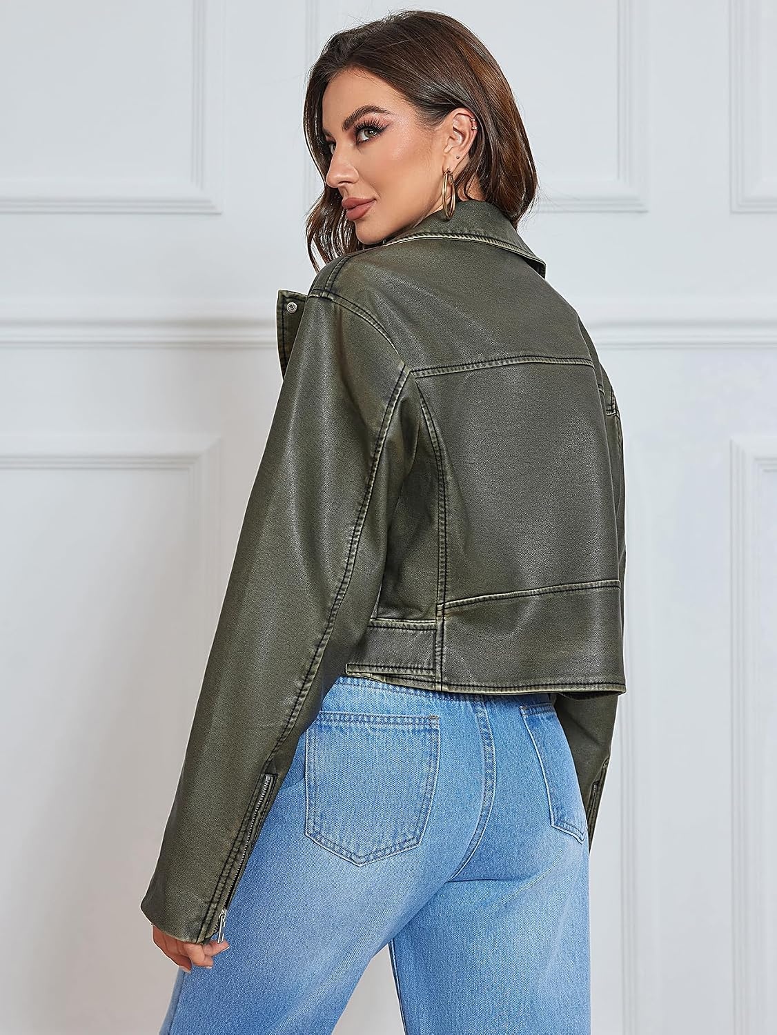 image:imageLY VAREY LIN Women Faux Leather Cropped Jacket Lapel Zipper Biker Short Coat with BeltL2311dark Green