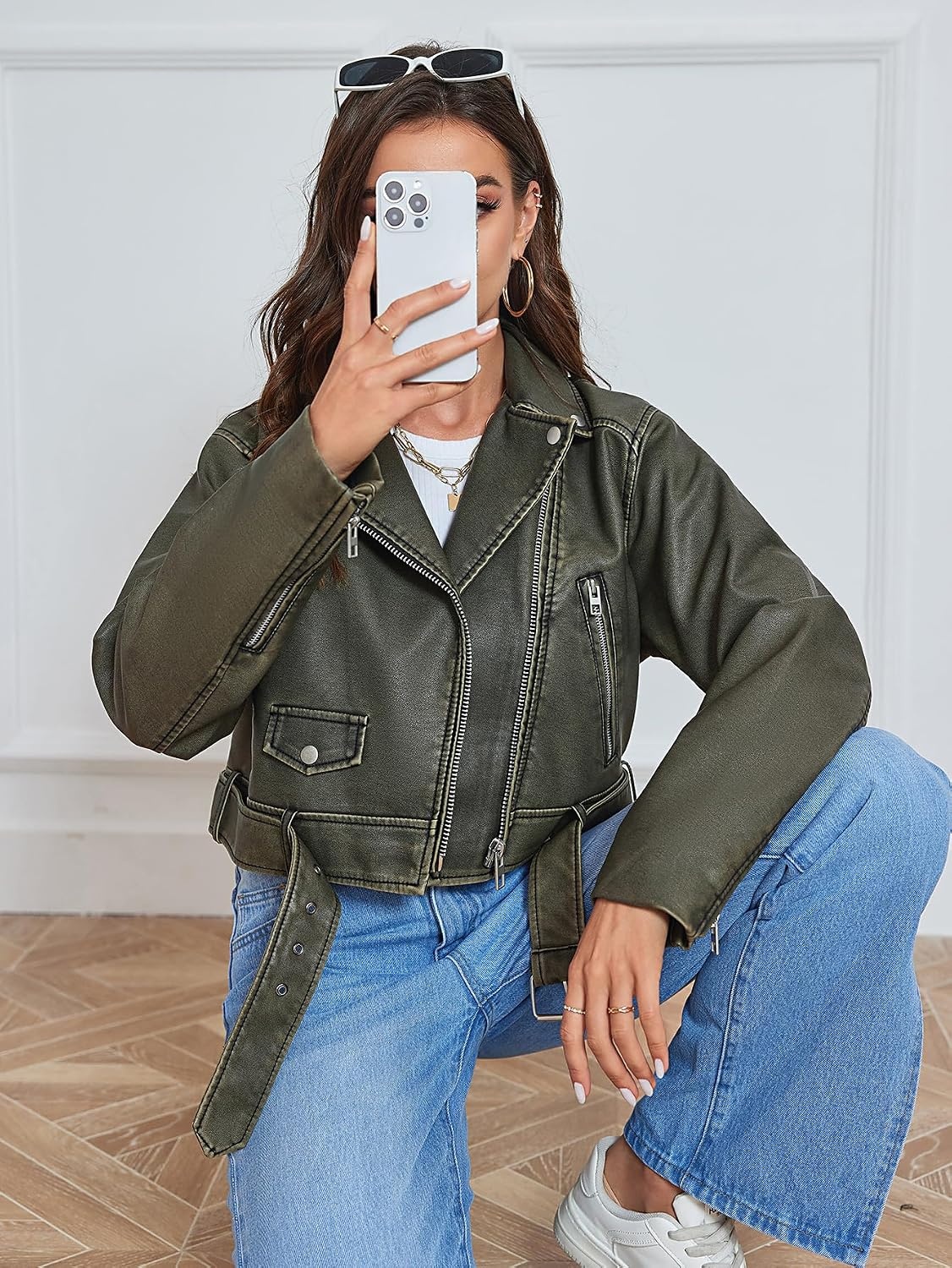 image:imageLY VAREY LIN Women Faux Leather Cropped Jacket Lapel Zipper Biker Short Coat with BeltL2311dark Green