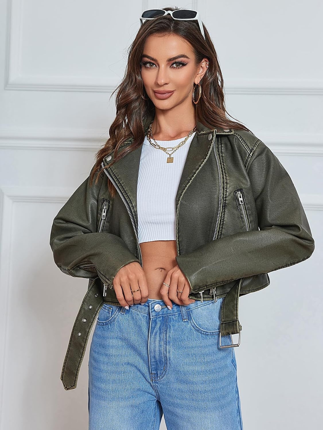 image:imageLY VAREY LIN Women Faux Leather Cropped Jacket Lapel Zipper Biker Short Coat with BeltL2311dark Green