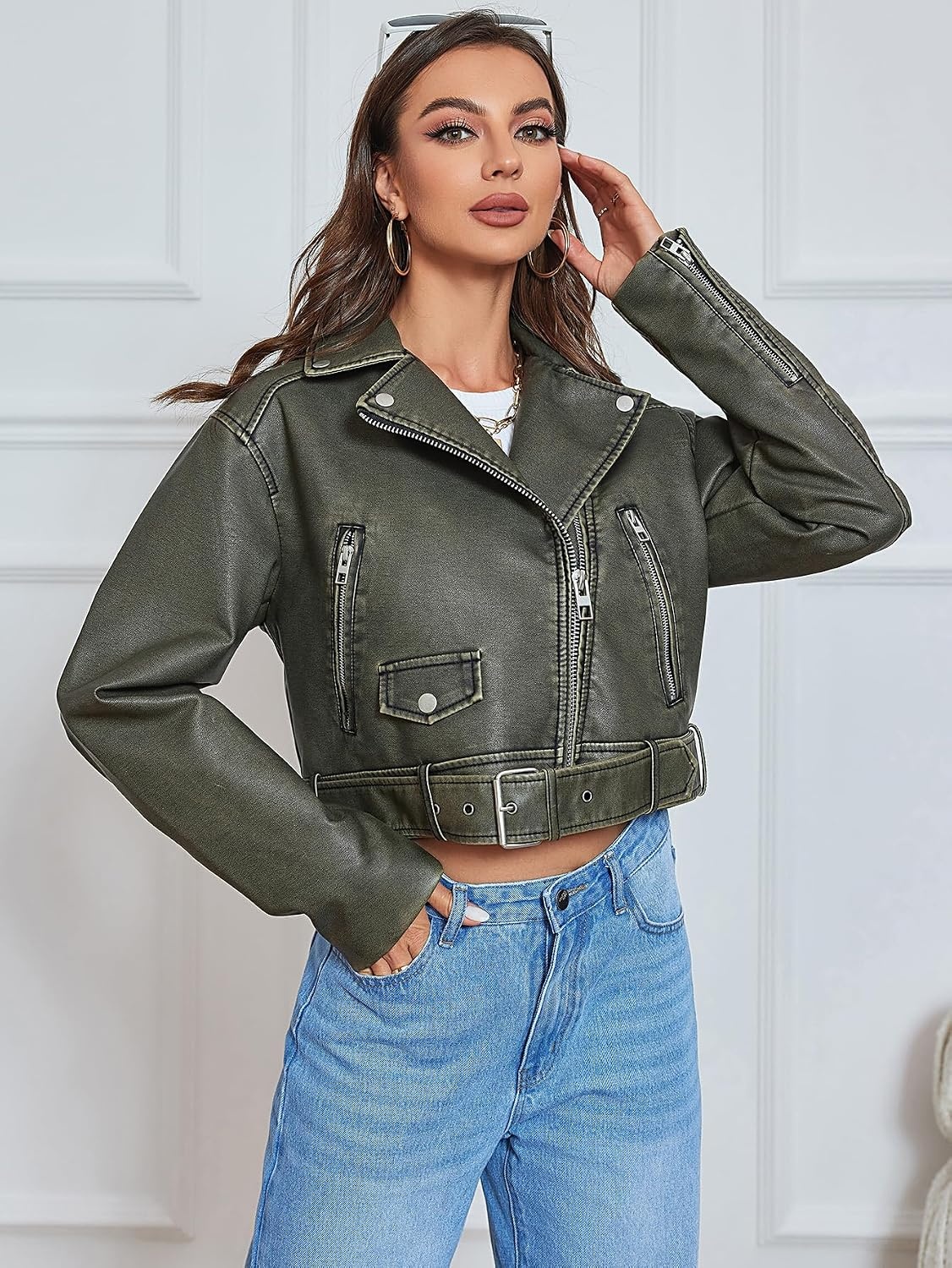 image:imageLY VAREY LIN Women Faux Leather Cropped Jacket Lapel Zipper Biker Short Coat with BeltL2311dark Green