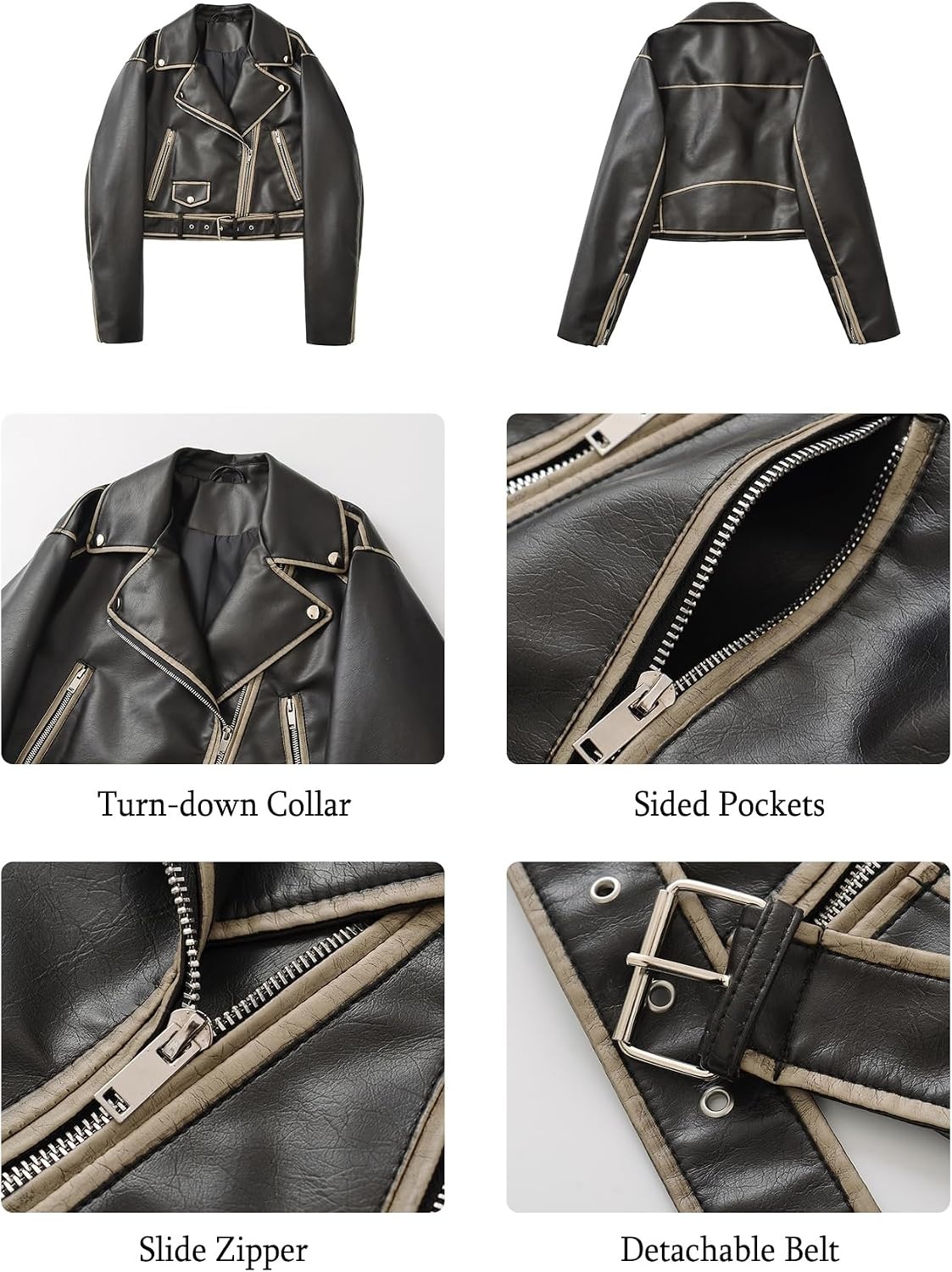 image:imageLY VAREY LIN Women Faux Leather Cropped Jacket Lapel Zipper Biker Short Coat with BeltL2311deep Black