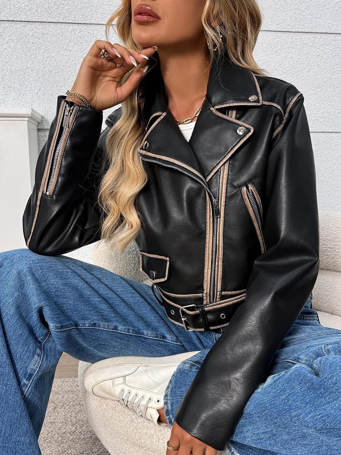 image:imageLY VAREY LIN Women Faux Leather Cropped Jacket Lapel Zipper Biker Short Coat with BeltL2311deep Black