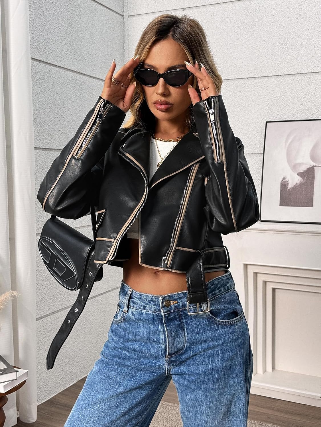image:imageLY VAREY LIN Women Faux Leather Cropped Jacket Lapel Zipper Biker Short Coat with BeltL2311deep Black