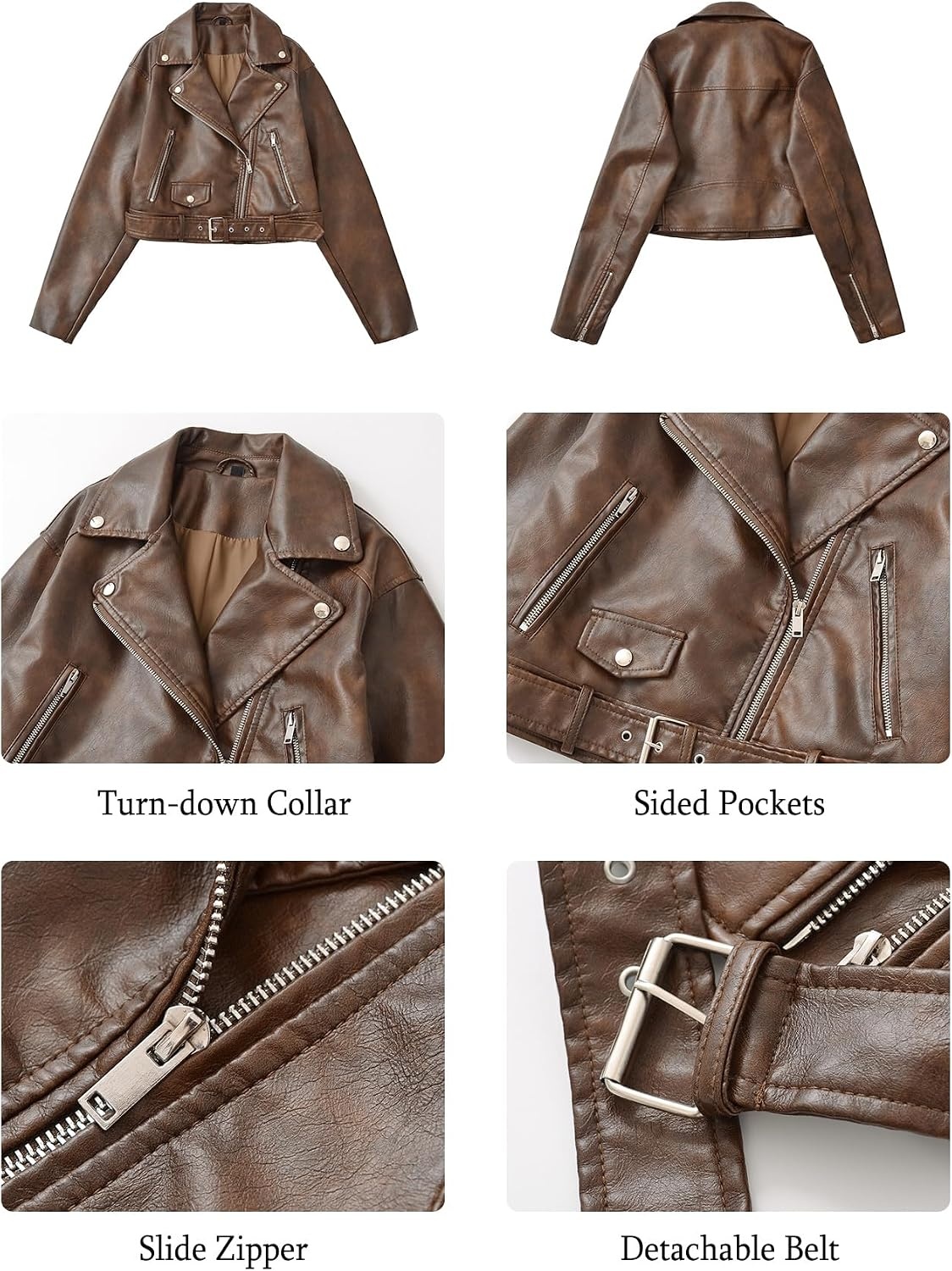 image:imageLY VAREY LIN Women Faux Leather Cropped Jacket Lapel Zipper Biker Short Coat with BeltL2311rust Brown