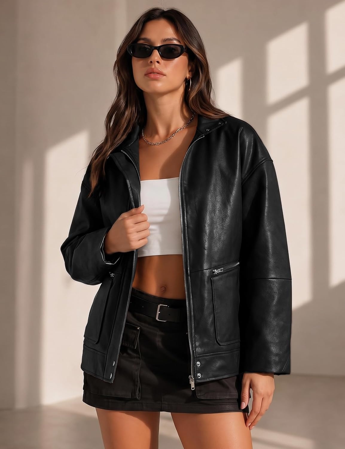 image:imageLeather Jacket Women Faux Bomber Cropped Coat 2026 Fall amp Winter OutfitsBlack
