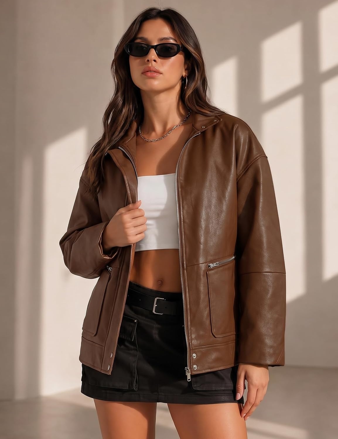 image:imageLeather Jacket Women Faux Bomber Cropped Coat 2026 Fall amp Winter OutfitsBrown