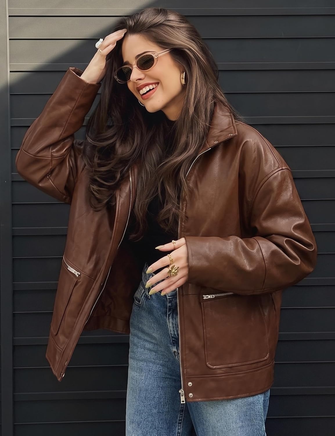 image:imageLeather Jacket Women Faux Bomber Cropped Coat 2026 Fall amp Winter OutfitsBrown
