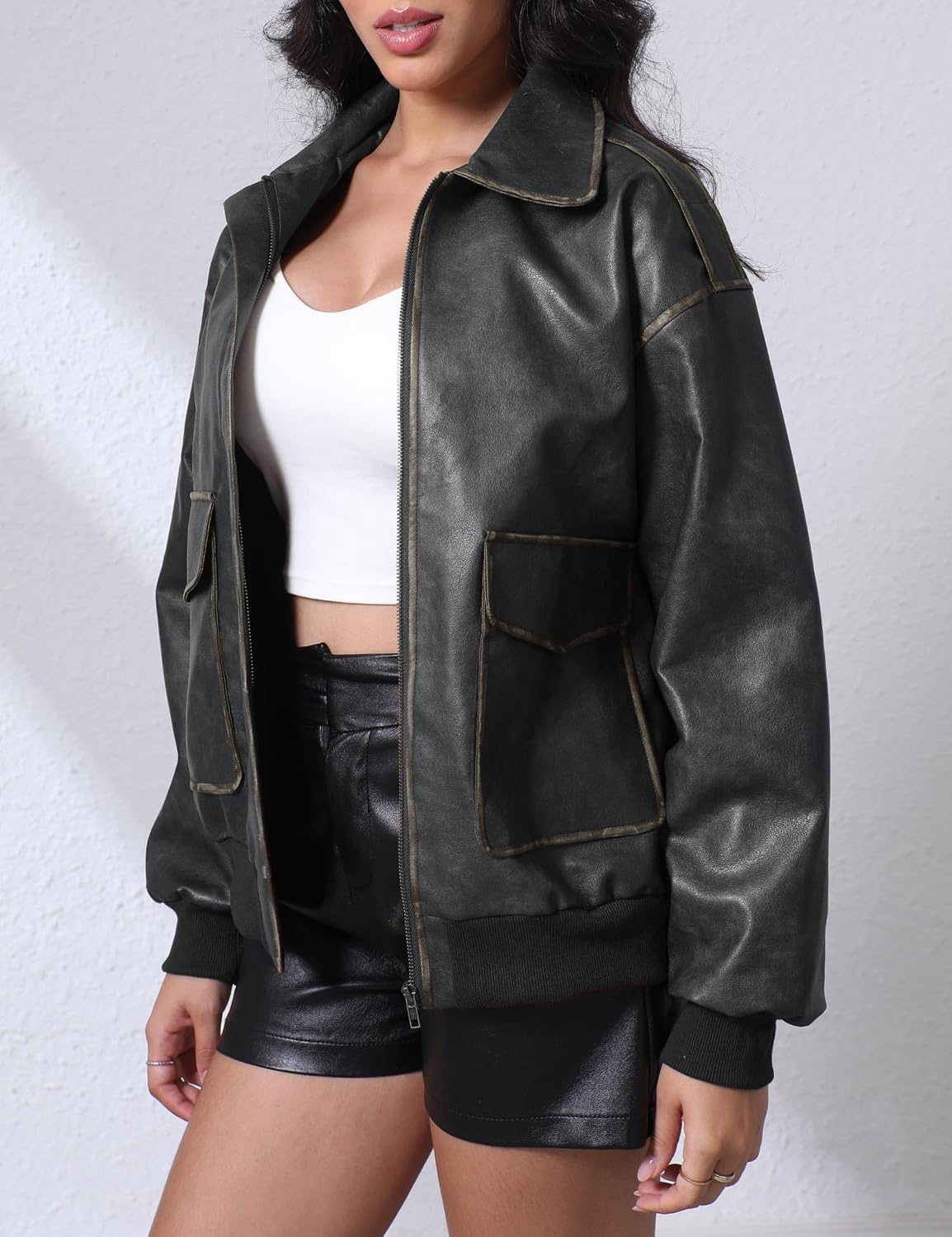image:imageLeather Jacket for Women Faux Oversized Motorcycle Bomber JacketBlack