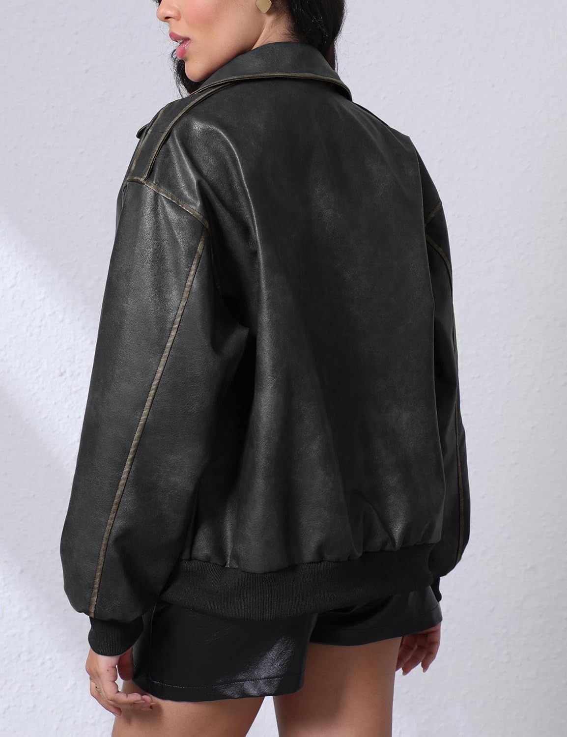 image:imageLeather Jacket for Women Faux Oversized Motorcycle Bomber JacketBlack
