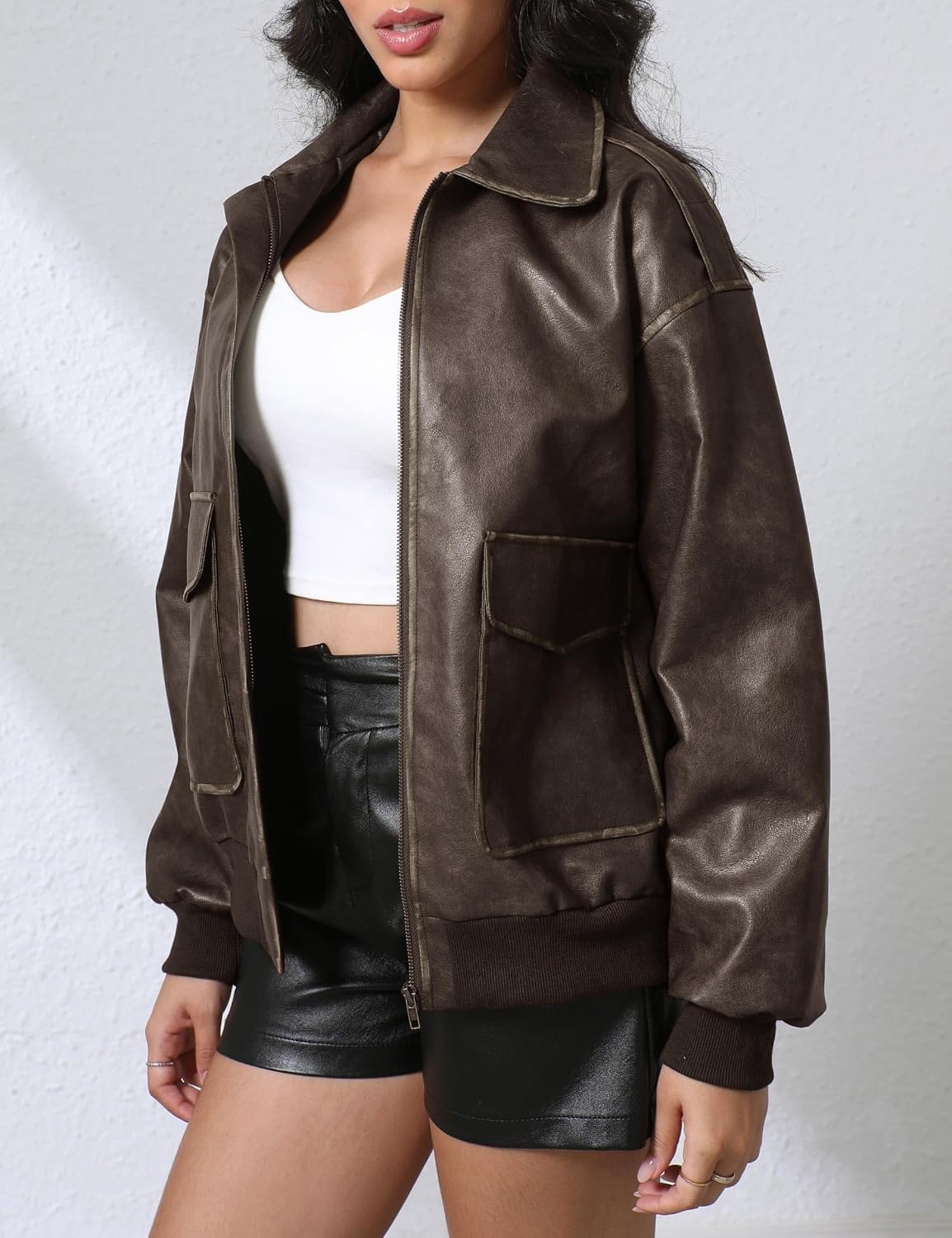 image:imageLeather Jacket for Women Faux Oversized Motorcycle Bomber JacketBrown