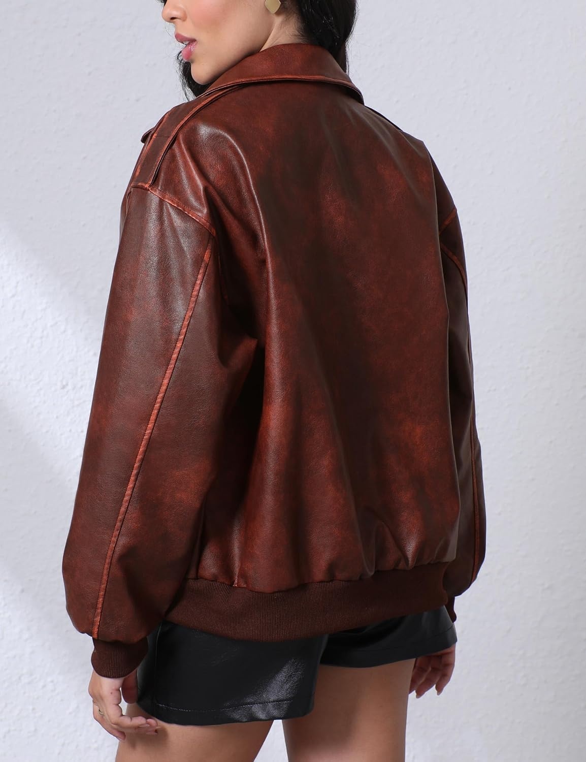 image:imageLeather Jacket for Women Faux Oversized Motorcycle Bomber JacketWine