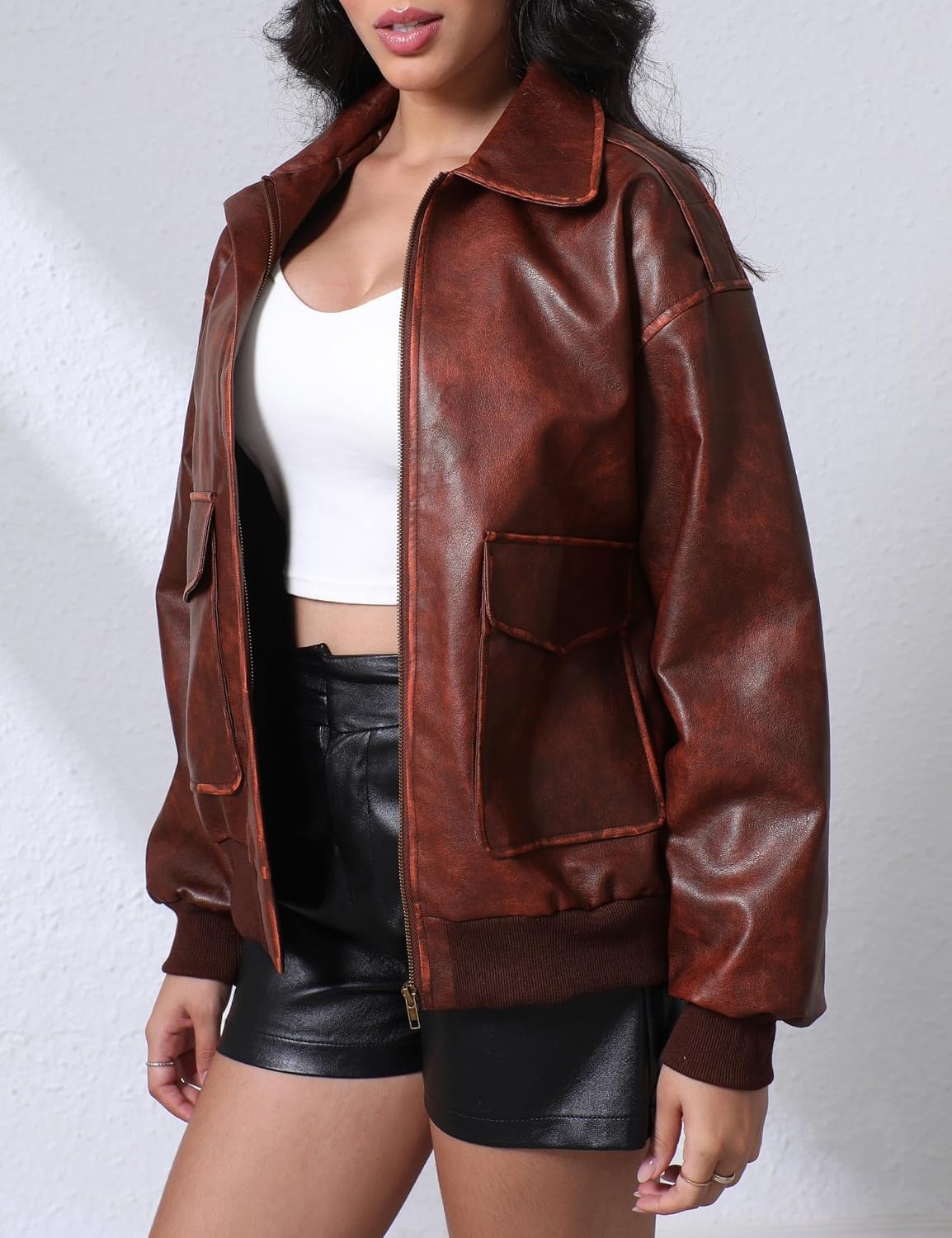 image:imageLeather Jacket for Women Faux Oversized Motorcycle Bomber JacketWine