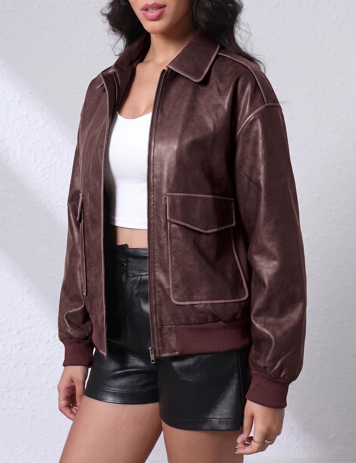 image:imageLeather Jacket for Women Faux Oversized Motorcycle Bomber JacketWine Red